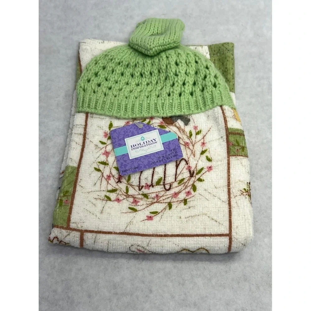 Holiday Inspirations Easter Hanging Hand Towel Faith Bunny Floral Green Crochet